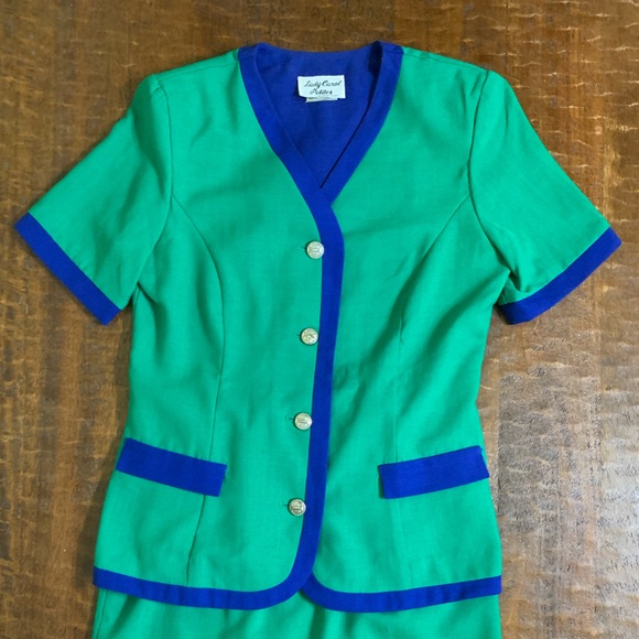 VTG Lady Carol Petites 8P Green With Blue Trim Short Sleeve Blazer 2pc Suit Set - Picture 9 of 14
